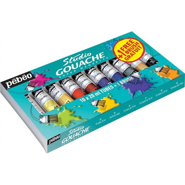 Culori profesionale guașă Pebeo Studio 10 x 20 ml pensulă