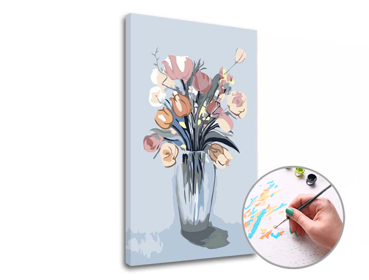 Pictură după numere BOUQUET ROZ ÎNTR-O VAZĂ | dificultate scăzută