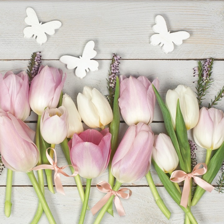 Servetele pentru decoupage White & Pink Tulips on Wood - 1 buc