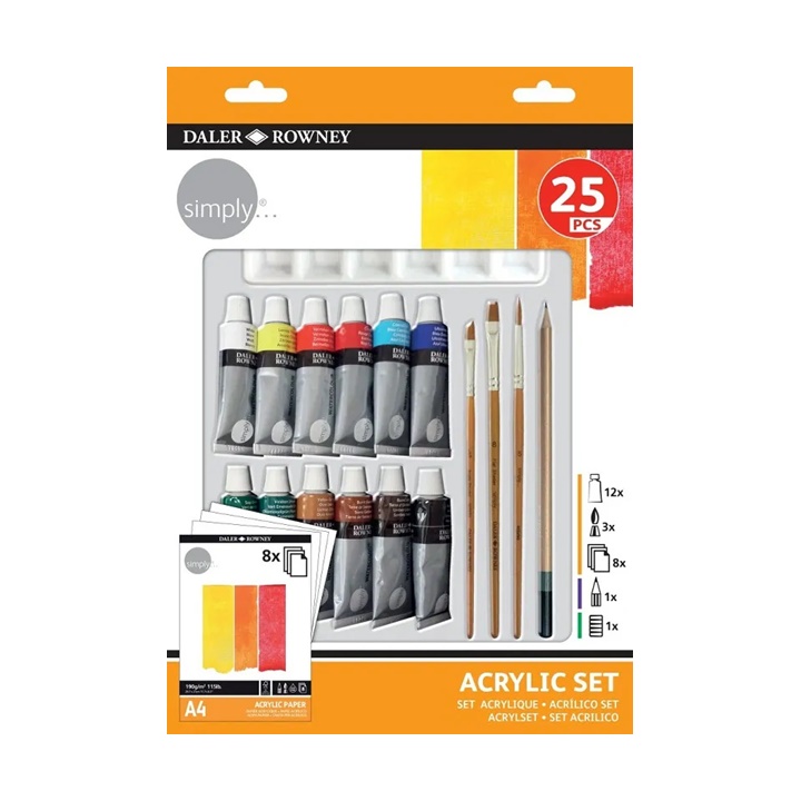 Set acrilic Daler Rowney cu accesorii 25 buc