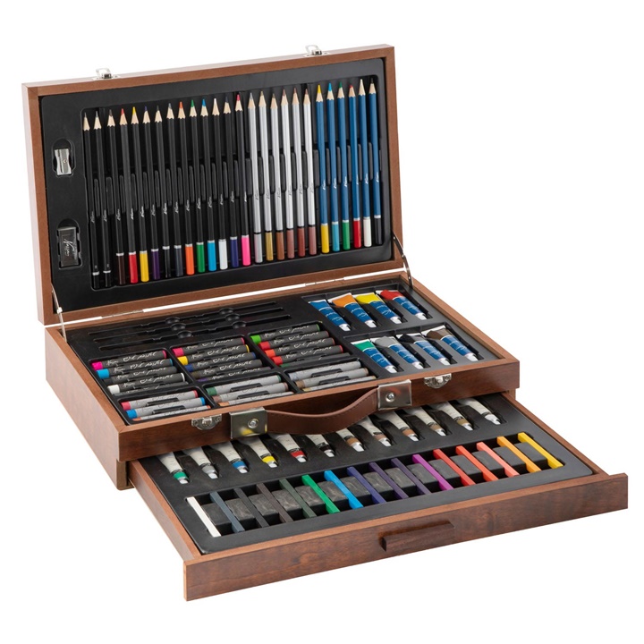 Set artistic Mixed Media în servietă de lemn 91 buc