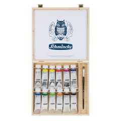 Set vopsele acrilice și pensulă în cutie de lemn Schmincke AKADEMIE 12 x 60 ml