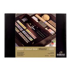 Valiză de lux din lemn pentru vopsele de acuarelă Rembrandt Master 42 de tigăi de plutire și 14 accesorii