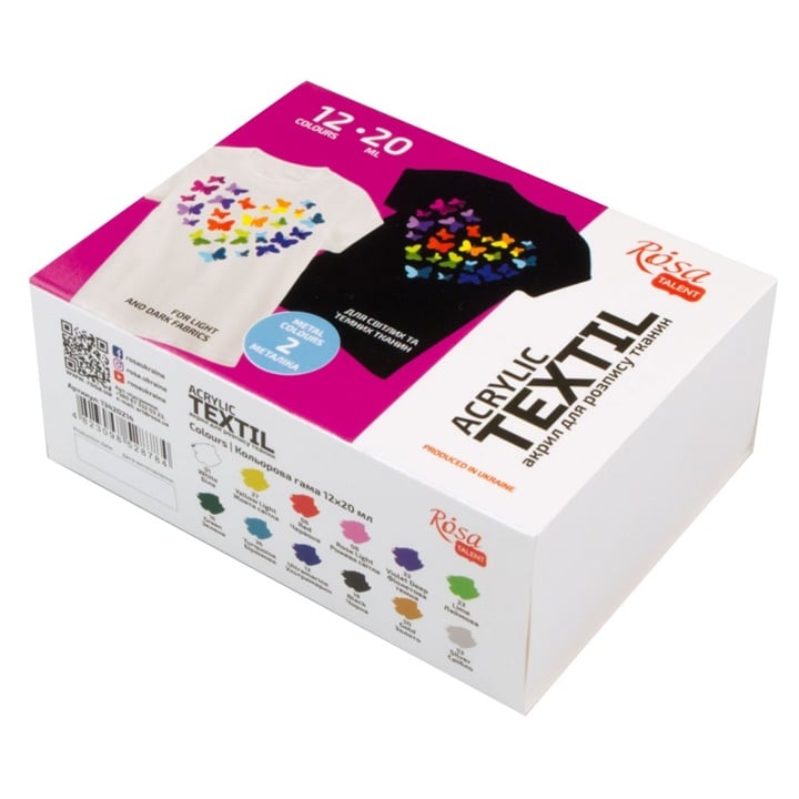 Vopsele acrilice ROSA pentru textile 12x20 ml
