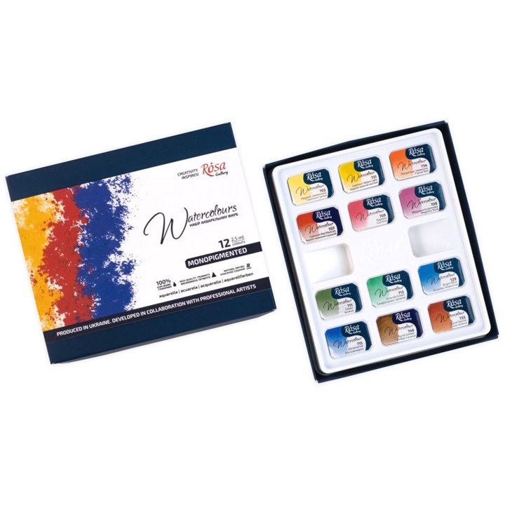 Vopsele de acuarelă monopigmentate ROSA Gallery 12x2,5 ml
